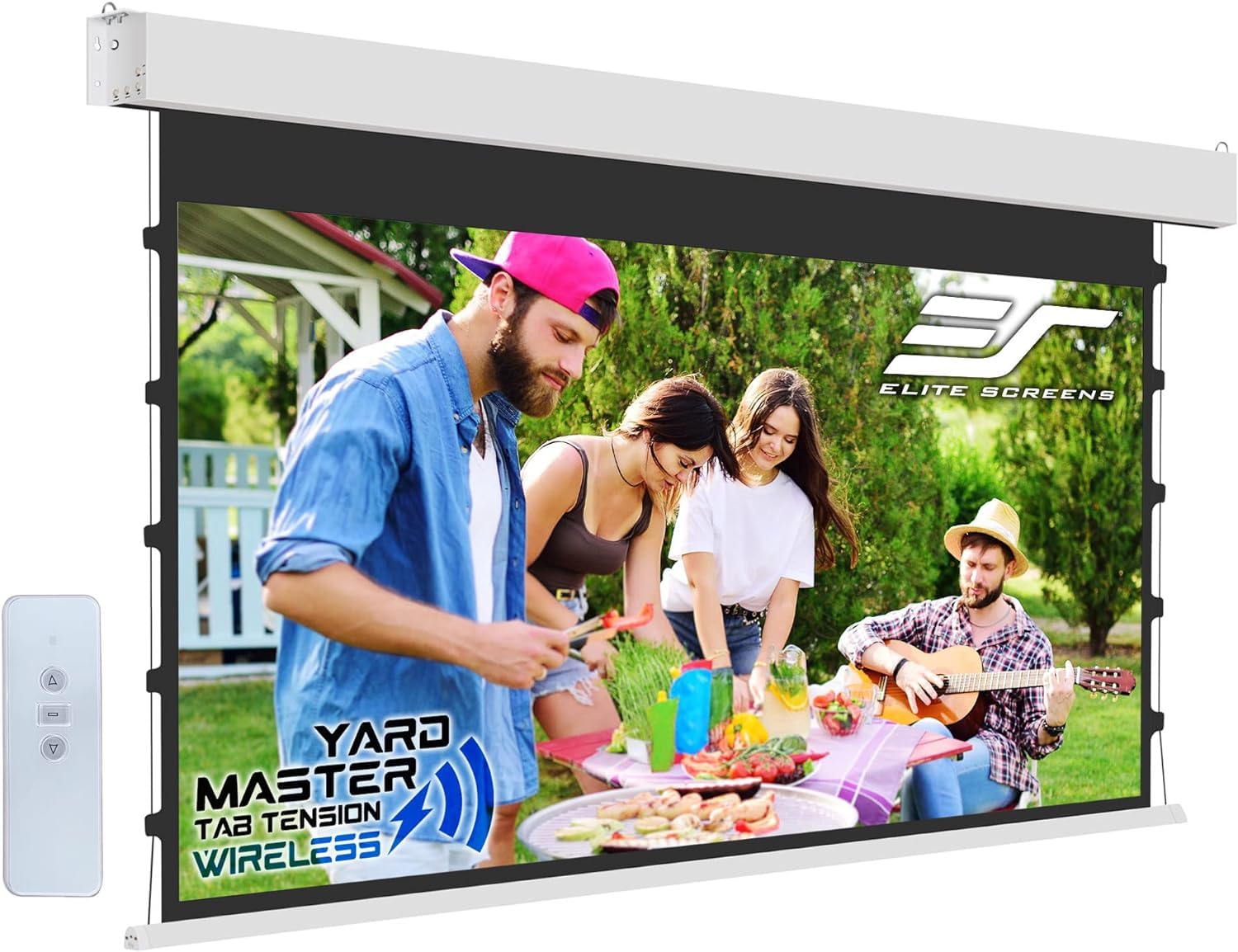 Photo 1 of Elite Screens Yard Master Tab Tension Wireless, 125-INCH Diag. 16:9 Outdoor Motorized Projector Screen, Built-in Rechargeable Lithium-Ion Battery, OMS125WHT-BAT-ELEC-X
