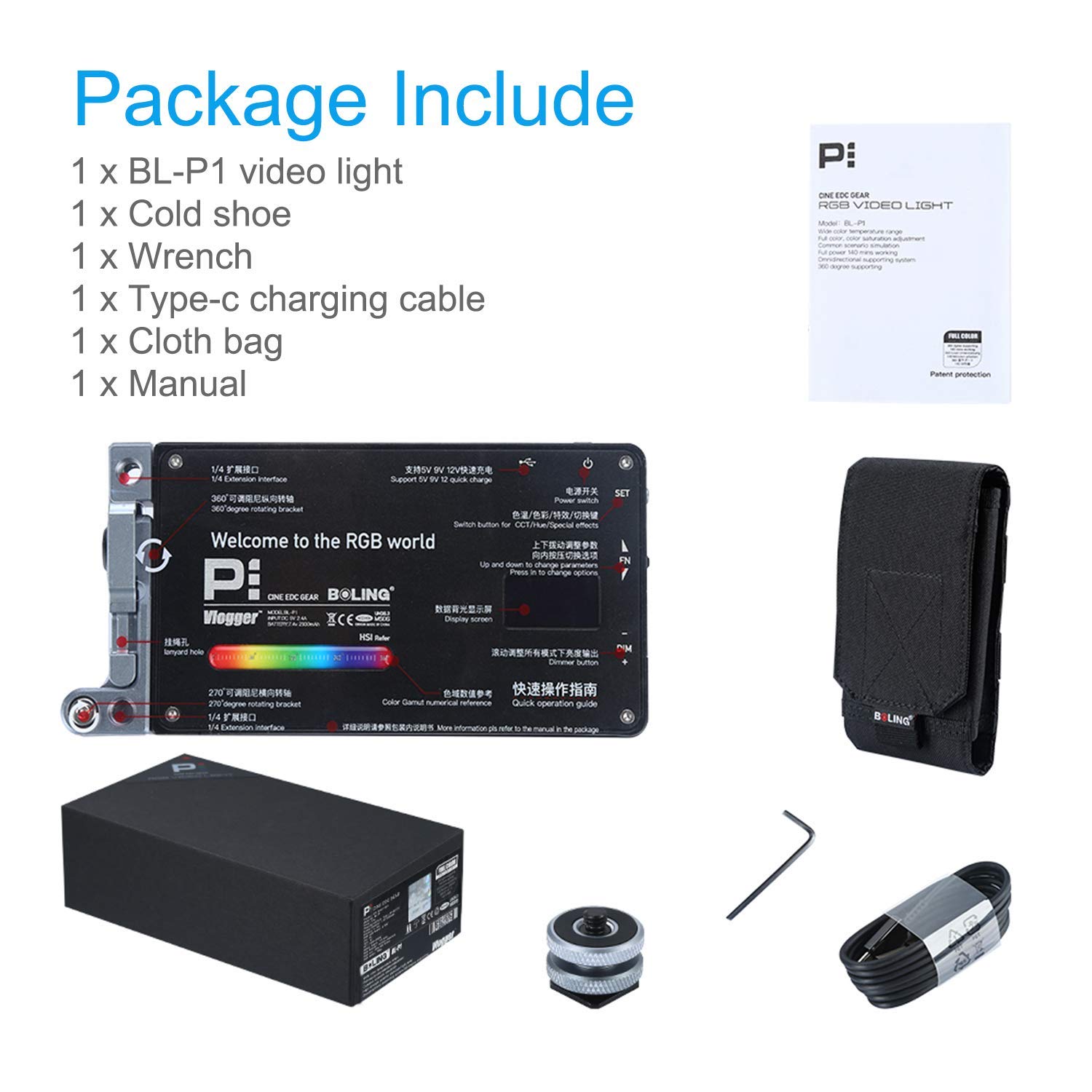 BOLING BL-P1 RGB LED Full Color Camera/Camcorder Light, Pocket Size Rechargeable Video Light with 2500k-8500k Color Range, 9 Common Scenario simulations Vlog with Premium Aluminum Alloy Shell
