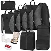 TRMFUSA Compression Packing Cubes 12 Set, Suitcase Organizers, Extendable Packing Cubes, Black