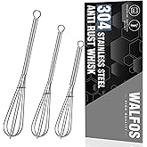 Walfos Mini Whisk,304 Anti-Rust Small whisk,Sturdy Stainless Steel Wire Tiny Whisks 6+7+8in,Ideal for mixing individual eggs, jams, spices and other small portion ingredients.(3pcs）