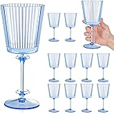 12 PCS Blue Ribbed Plastic Wine Glasses 13.5 OZ Ribbed Wine Glasses Detachable Wine Glass Elegant Fluted Glassware Vintage Style for Wedding Anniversary Birthday Dinner Parties(Blue, 12 Pack)