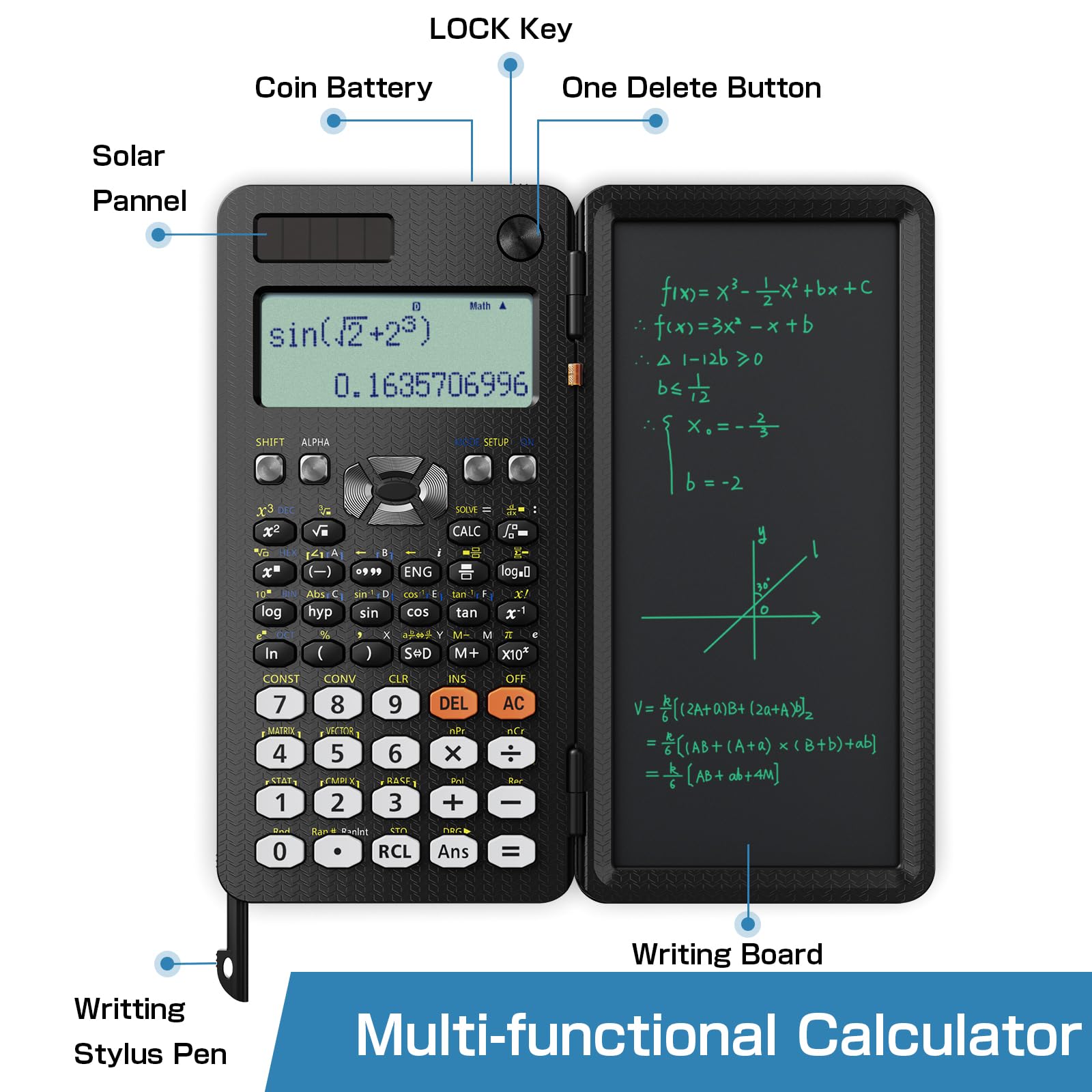 Scientific Calculators for Students 991ES Office Calculators Desktop, ROATEE 4-Line Display Calculator with Erasable LCD Writing Tablet, Solar Battery Power with Notepad Calculator for School