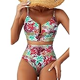 Herseas Womens 2 Piece High Waisted U Wire Bikini Set Floral Print Swimsuit Crisscross Back Bathing Suit Beach Swimwear