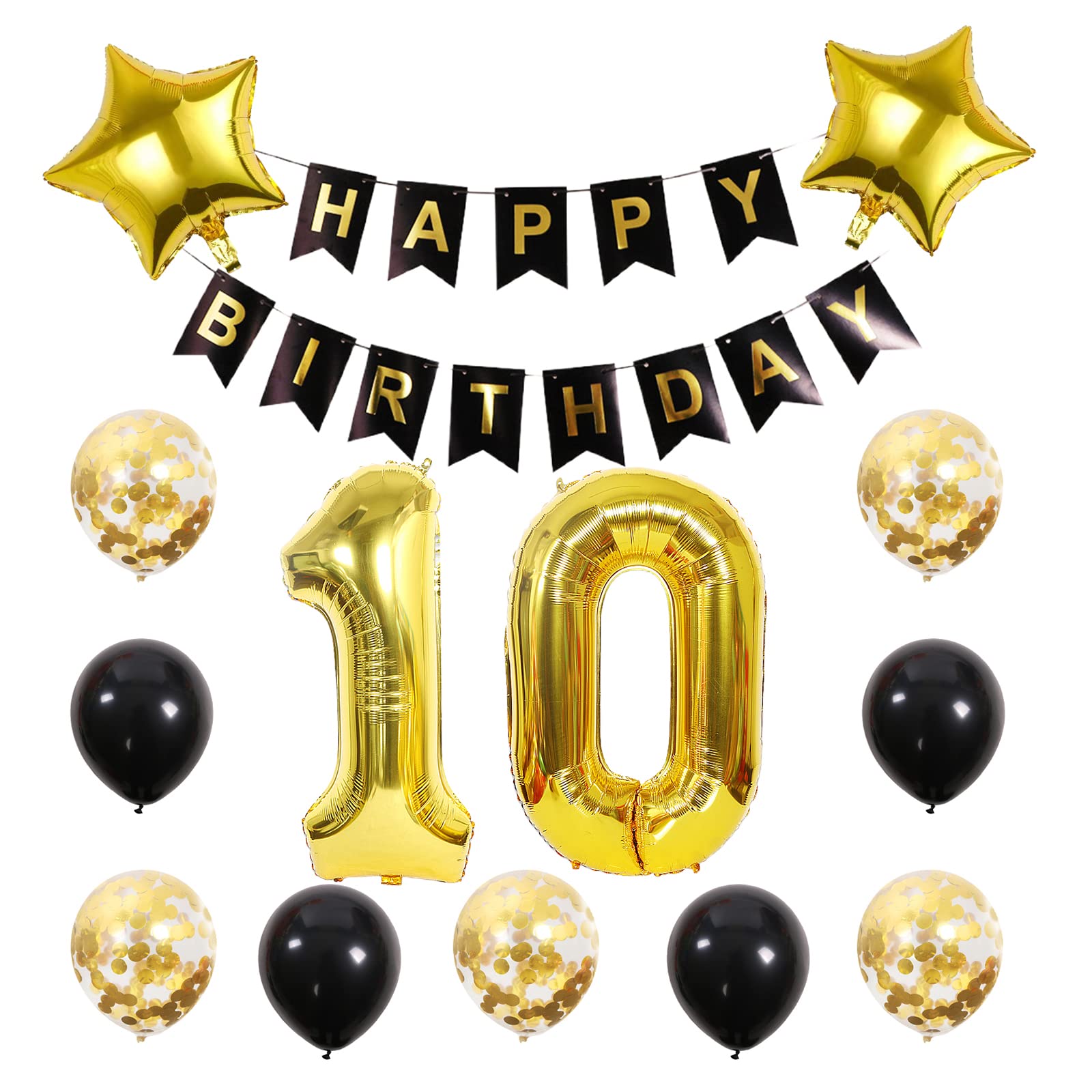 Chaungfu10 Birthday Party Supplies Gold Number 10 Foil Balloon Happy Birthday Banner Kit 10th Birthday Decoration Black Gold Latex Confetti Balloon Foil Star Balloon Great Gift for Girls Boys Birthday