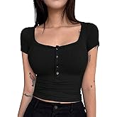 WDIRARA Women's Half Button Square Neck Rib Knit T Shirts Short Sleeve Tee Fitted Crop Tops