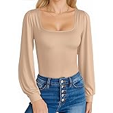 MANGOPOP Square Neck Puff Sleeve Bodysuit Loose Lantern Long Sleeve Body Suit Tops for Women Going Out