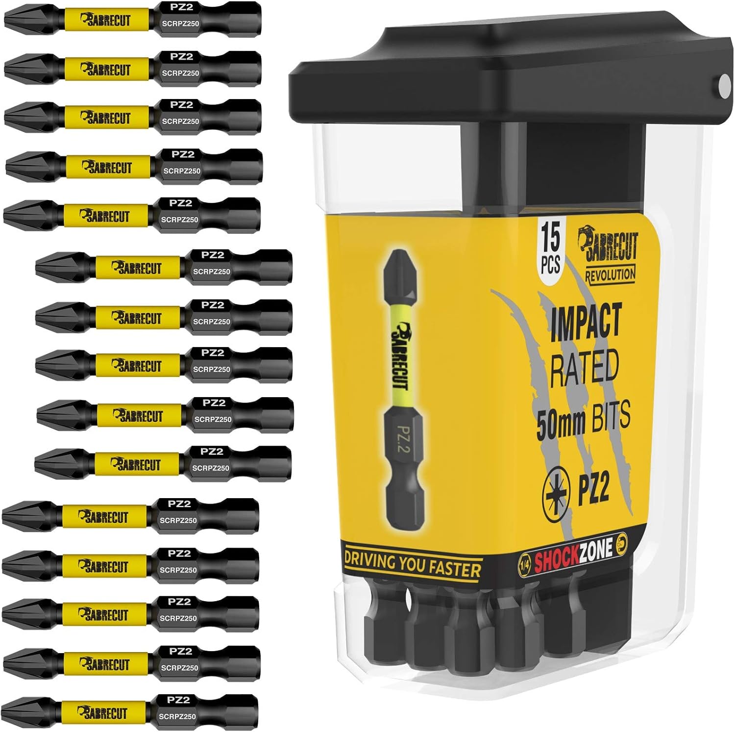 15 x SabreCut SCRPZ25015B 50mm PZ2 Magnetic Impact Screwdriver Driver Bits Set in a TIC TAC Box Single Ended Pozi Pozidriv Heavy Duty