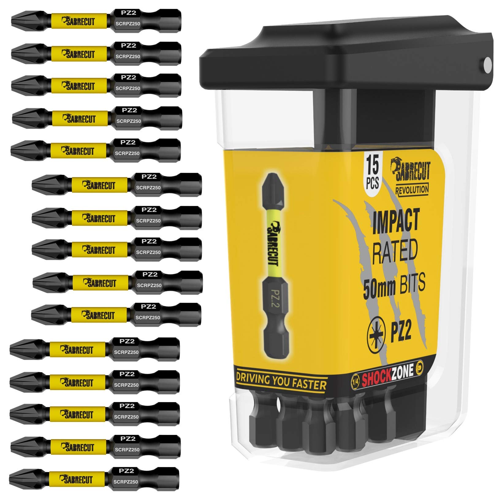 15 x SabreCut SCRPZ25015B 50mm PZ2 Magnetic Impact Screwdriver Driver Bits Set in a TIC TAC Box Single Ended Pozi Pozidriv Heavy Duty