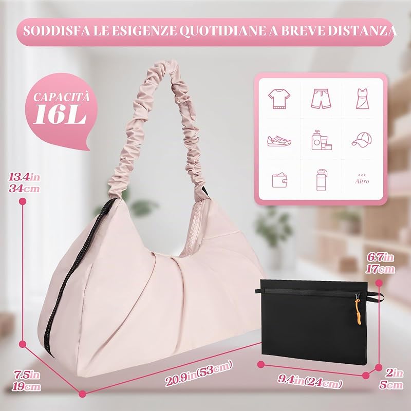 Borsone Sportivo Donna, Piccola Borsa Palestra con Scomparto per Scarpe, Impermeabile Borsa da Viaggio, Borsone Yoga, Weekend Borsa a tracolla Per Sport, Nuoto, Viaggio