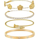 LAGTINAT 4PCS Women's Stackable Floral Bracelets Set, 18K Gold Plated Clover & Tennis & Nail & Love Bangle Bracelets,Adjustable Trendy Jewelry, Gifts for Valentine's Day, Birthday Gifts for Girlfriend