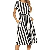 Levaca Women's Striped Midi Dress With Belt & Pockets - Flowy Short Sleeve Casual Dress