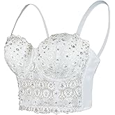 ELLACCI Women's Natural Reigning Lace Rhinestone Bustier Crop Top Sexy Mesh Corset Top Bra