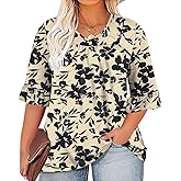 Micoson Womens Plus Size Tops 3/4 Ruffle Sleeve Shirt Casual V Neck Pleated T Shirt Loose Fit Tunic Blouse(1X-5X)