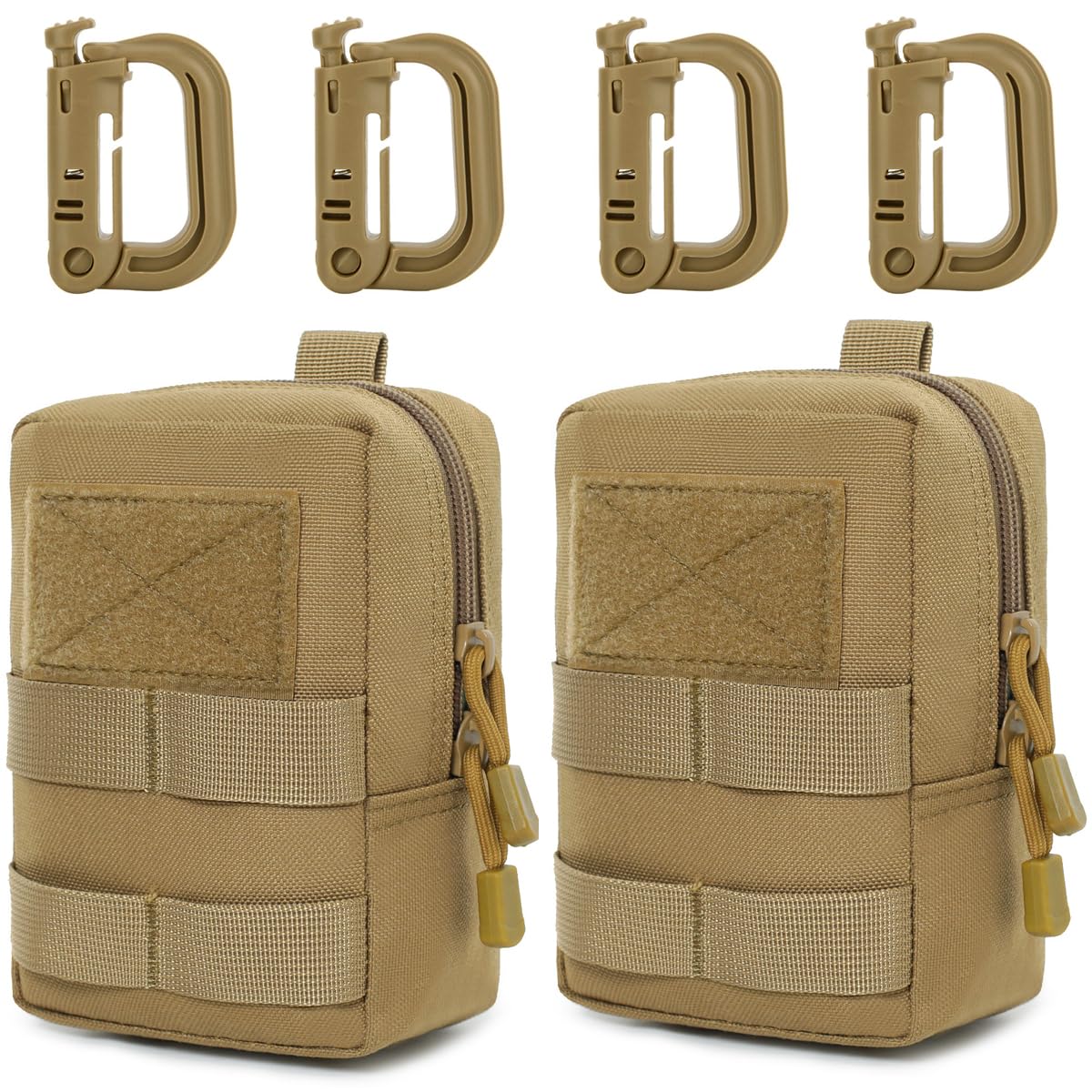 MUCHER 2 Pack EDC Pouch Molle Pouches Tactical Waist Bag Utility Waist Pack with 4 Hooks for Outdoor Hiking Hunting Camping Training (S, Khaki)