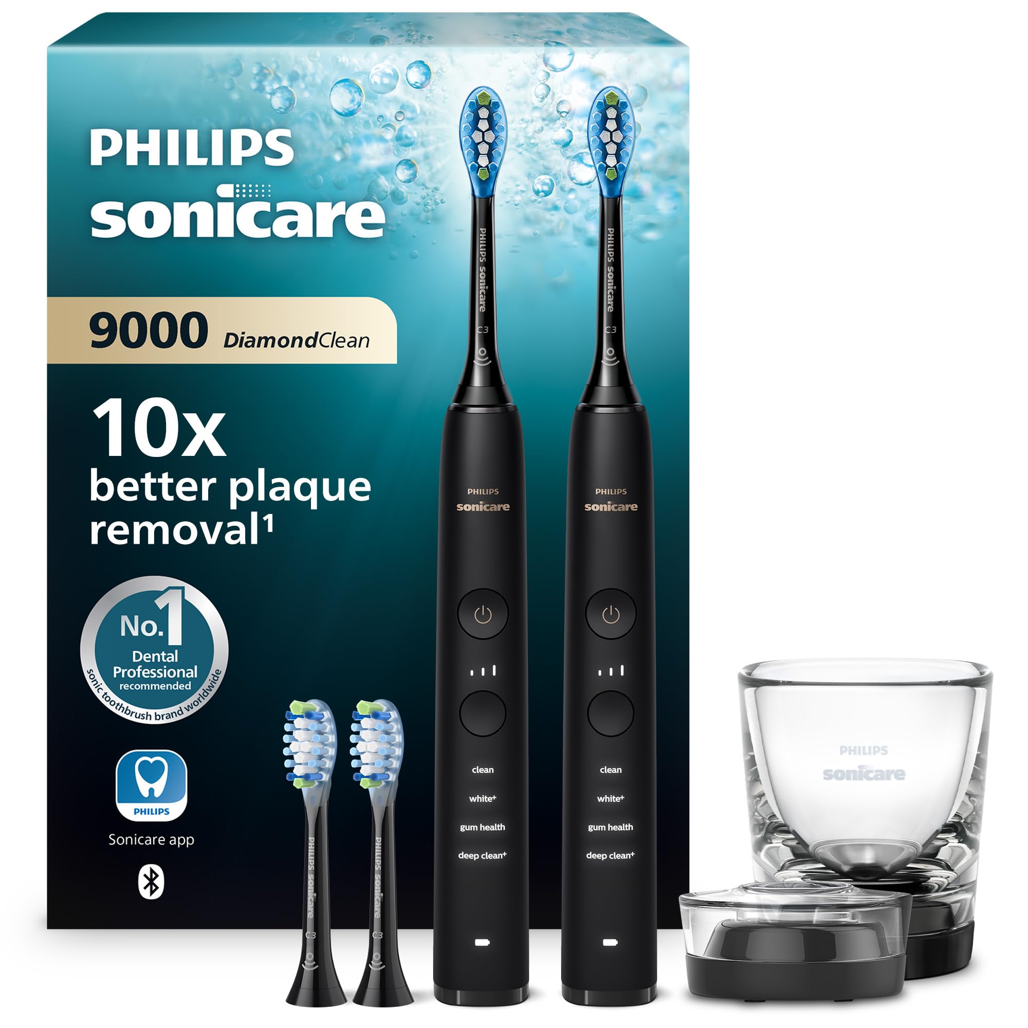 Philips Sonicare DiamondClean 9000 - Brosse à dents électrique avec application, capteur de pression, verre de recharge, blanc, lot de deux, modèle HX9914/63
