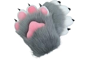 BNLIDES Cosplay Animal Cat Wolf Dog Fox Paws Claws Gloves Fursuit Paws Accessories for Adults (Grey)