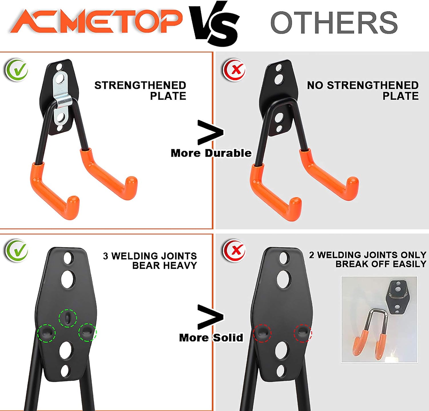 10 Pack Garage Hooks with 2 Pack Storage Straps, ACMETOP Bike Hooks for Garage, Heavy Duty Garage Organization Wall Mount, Utility Double Hooks for Garage Storage, Ladders, Bikes, Ropes, Garden Tools - - 