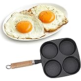 TOTITOM Egg Pan, Cast Iron Egg Pan, Cast Iron 4 Cup Egg Frying Pan with Wooden Handle, Non Stick Egg Cooker Pan for Breakfast Pancakes Omelettes