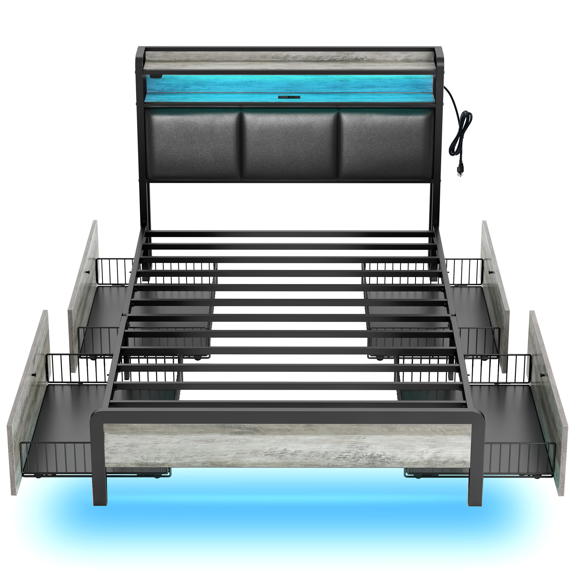 Rolanstar Bed Frame Twin Size with Charging Station and LED Lights, Upholstered Storage Headboard with Drawers, Heavy Duty Metal Slats, No Box Spring Needed, Easy Assembly, Vintage Grey and Black Image