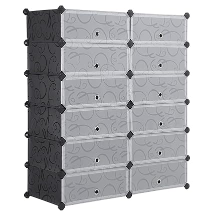 SONGMICS DIY Schuhregal Schuhschrank mit Tür, 12 x Fach PP-Kunststoff Schuhablage mit Umkippschutz Versehen (26,8 L Faches), 