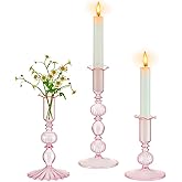 Glasseam Tapered Candlestick Holders Pink: Set of 3 Glass Candle Sticks Holder Decor with Bobeche Modern Ribbed Taper Candle Holders for Table Centerpiece Valentines Wedding Home Decorations