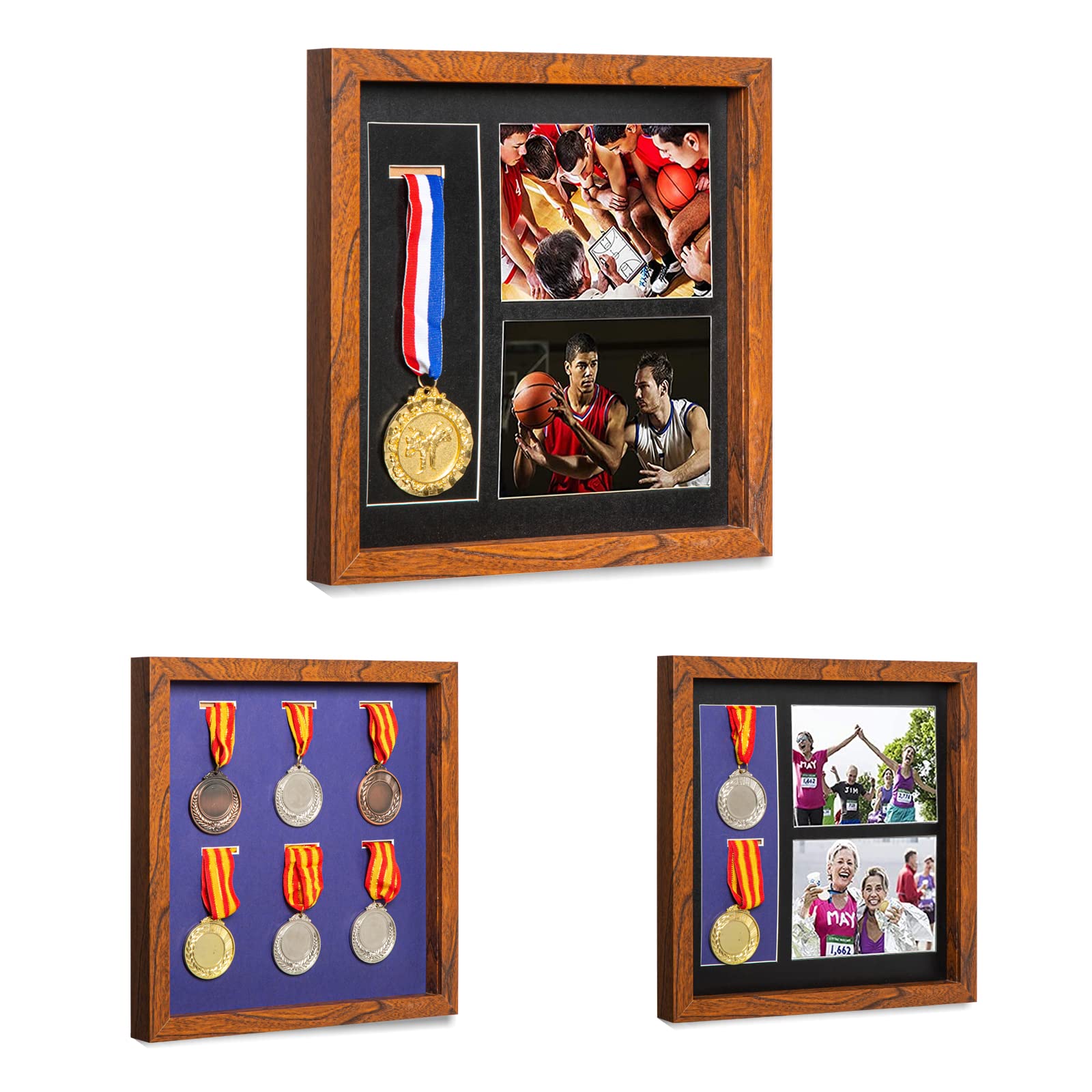 IHEIPYE Medal Display Shadow Box - Single Medal Display case - Perfect Medal Display for Runners, Marathon, Race Winner,Soccer, Gymnastics & All Sports Walnut,12x12 Image