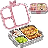 LOHASOK Kids Stainless Steel Bento Box with Silicone Lid Leak-proof Toddlers Lunch Container 3 Compartments,Pink