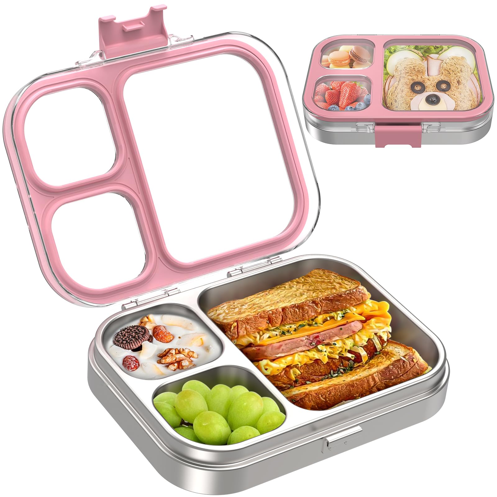 Photo 1 of LOHASOK Kids Stainless Steel Bento Box with Silicone Lid Leak-proof Toddlers Lunch Container 3 Compartments Dishwasher Safe Pink