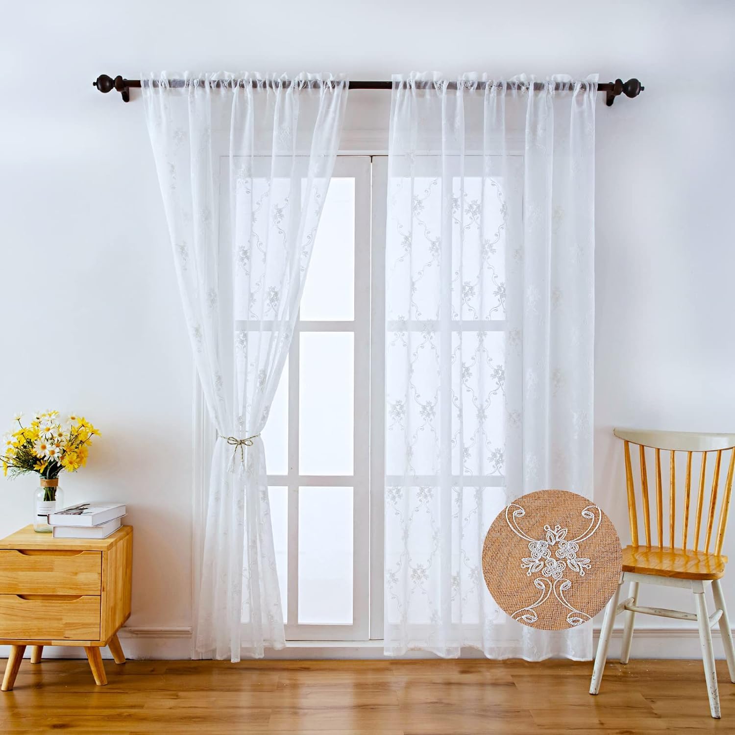 LIVETTY Original Net Curtains 90 Inch Drop 2 Panels Windows White Eyelet Voile Curtain Transparent Linen Style Sheer Curtain 3D Floral Classic Embroidery for Bedroom, Living Room, Kitchen