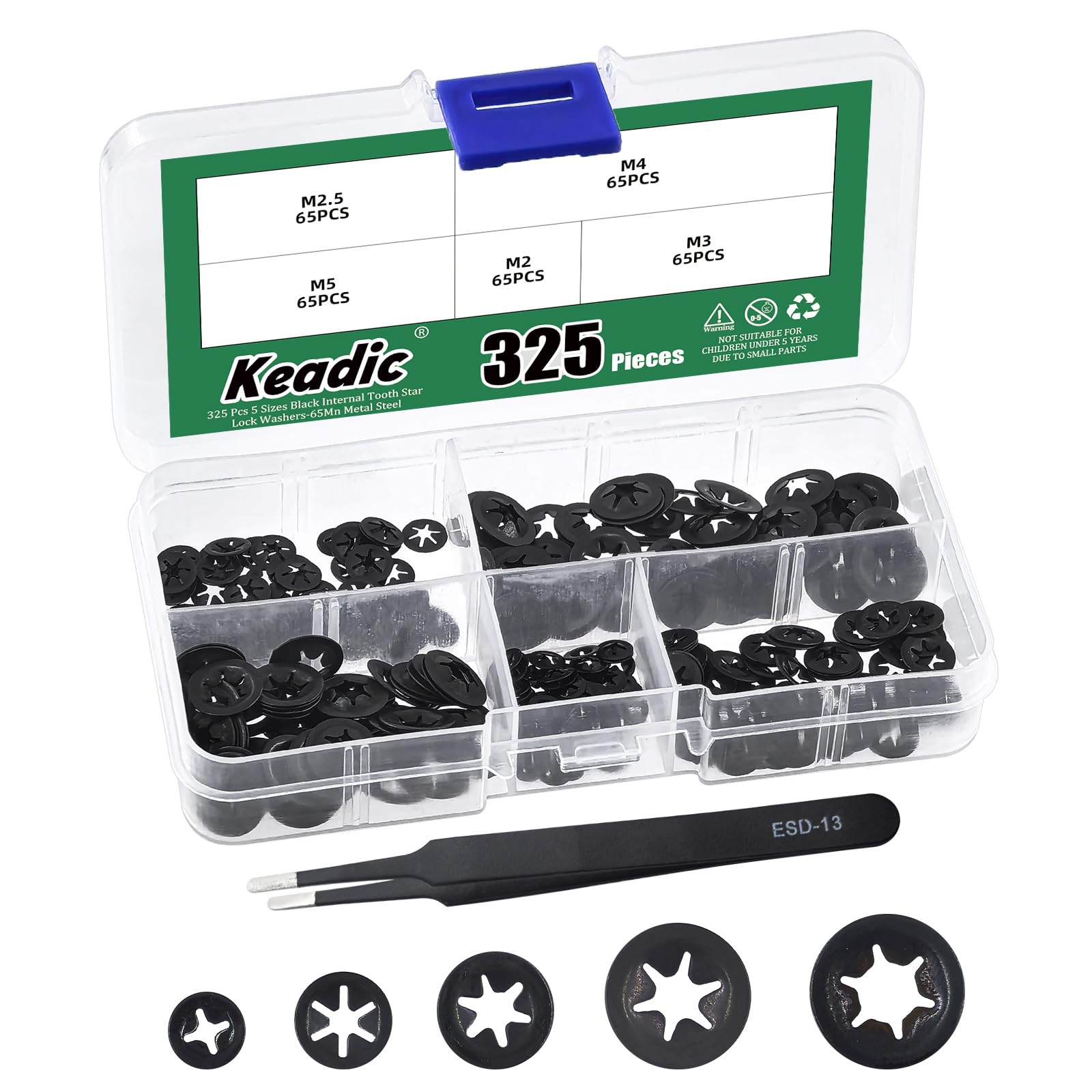 Keadic 325Pcs M2 M2.5 M3 M4 M5 Internal Tooth Star lock Washers Assortment Set, 65Mn Steel Black Oxide Finish Push On Star Lock Washer, Retaining Clips Fastener for Furniture Electrical Automotive