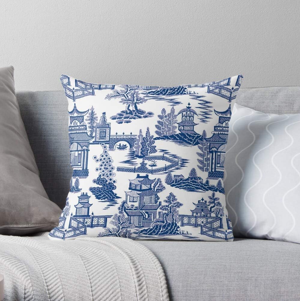 Pagoda Chinoiserie Blue and China White Pattern Oriental Geometric Square Form Decorative Indoor Cotton Throw Pillow