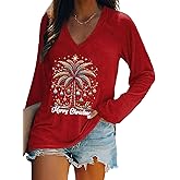 Christmas Palm Tree Shirt for Women Hawaiian Beach Tropical Christmas Palm Tree Shirts Xmas Holiday Long Sleeve Tshirt