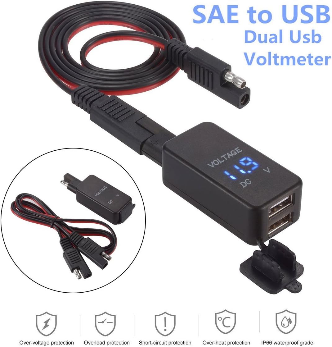 EPathChina SAE to USB Adapter with Voltmeter, 12V-24V 2.1A Waterproof Dual Port Power Socket Smart Phone Tablet GPS Charger for Motorcycle Car Boat Marine