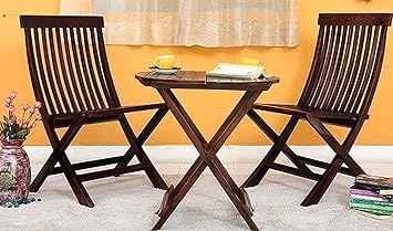 Driftingwood Sheesham Wood Round Dining Table Set and Folding Chairs for Living Room | Set of 3 | Rich Walnut Finish