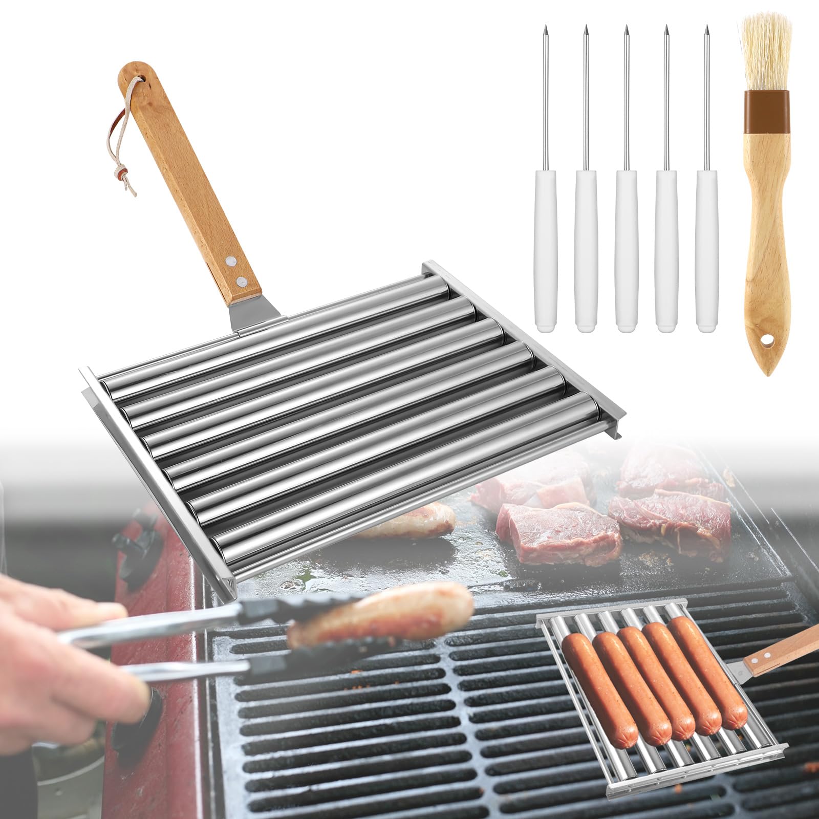 Hot Dog Roller for Grill, 9.5x7.3in Stainless Steel Hotdog Roller BBQ Sausage Roller Rack with Wooden Handle BBQ Skewers Brush 5 Hot Dog Capacity for Evenly Cooking Hot Dogs Sausages