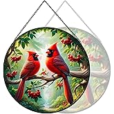 RIVEENY Stained Glass Cardinal Suncatchers, Male & Female Cardinal Sun Catcher Window Hangings, Cardinal Stained Glass for Home Decor, Red Birds Suncatchers Gifts for Mom Women 20cm/7.87inch