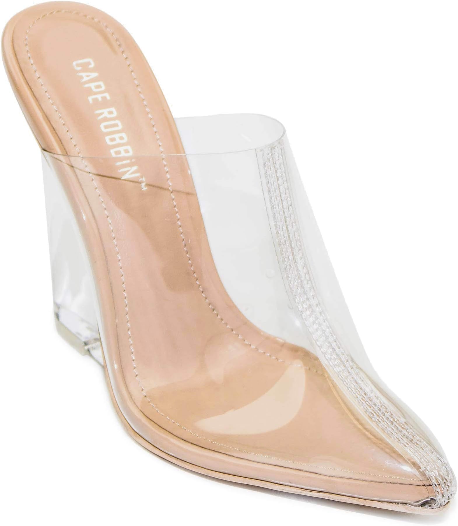 CAPE ROBBIN BrandCape Robbin Women's Sugar Transparent Lucite Clear Wedge Heel PVC Closed Toe Slip On Mules
