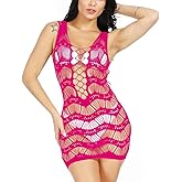 Woosifun Women Sexy Flexible Fishnet Lingerie Sleepwear V-Neck Babydoll Mesh Bodysuit Teddy One Piece Mini Dress One Size