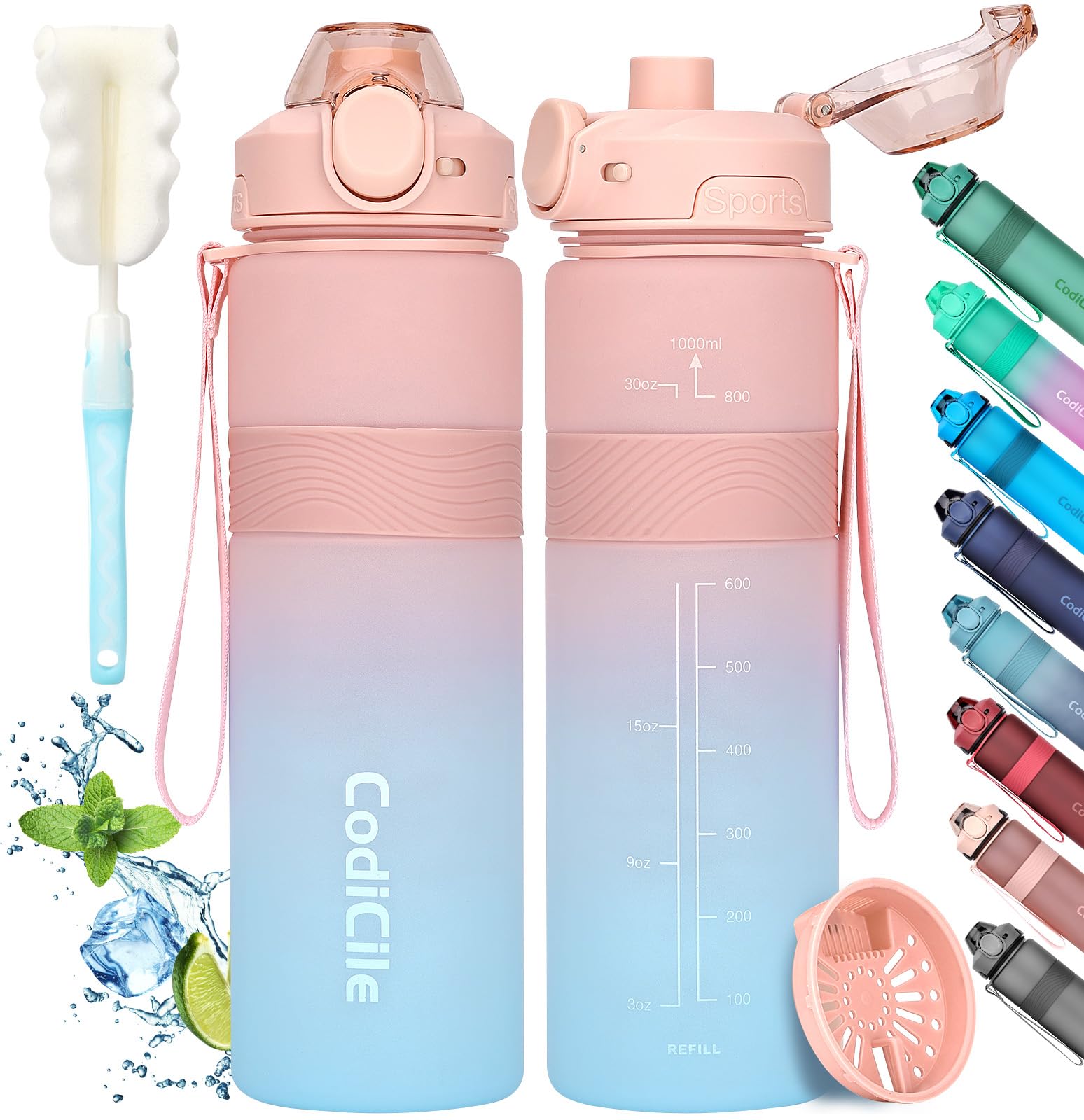 CodiCile Water Bottle, BPA Free 1l Water Bottle Leak Proof Drinks Bottle, Large Sports Bottle Great for Gym, School, Office and Travel (Pink Blue)