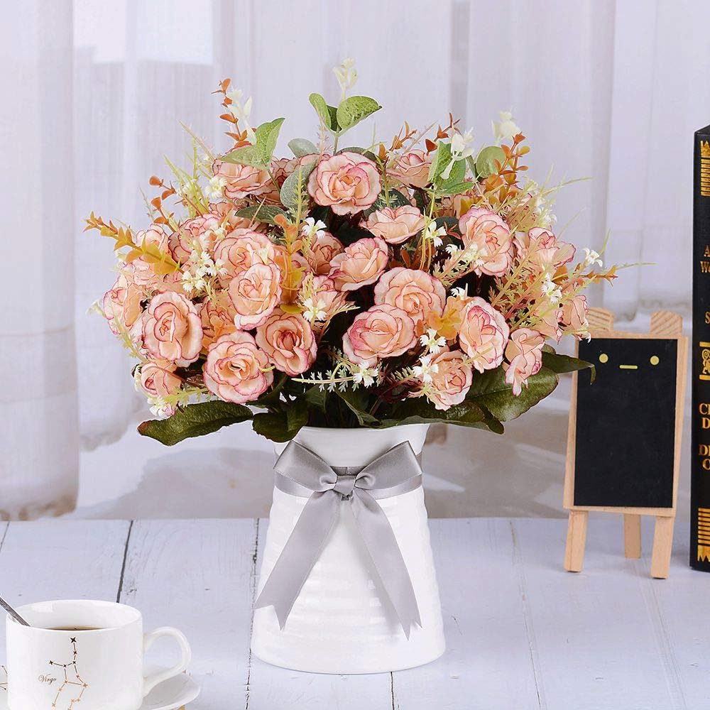 Amazon Com Artificial Flower Decoration Fake Silk Rose Flowers With Ceramic Vase Arrangements Artificial Flowers In Vase For Home Kitchen Table Office Wedding Party Decoration Champagne Kitchen Dining