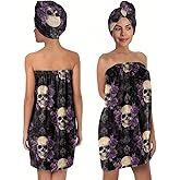 Gothic Skull and Purple Rose Bath Wrap Set with Turban, Women's Spa Towel Wrap, Black