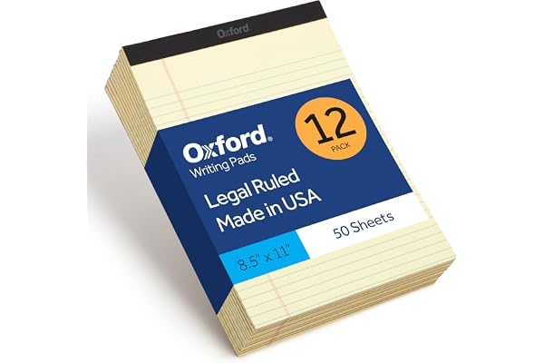 Oxford Legal Pads, 8.5 x 11 Inch, Wide Ruled, Yellow Paper, 50 Sheets per Pad, 12-Pack Notepads for School, Office, Lists, an