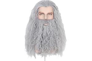 Yan Dream Wizard Wig Grey Men Long Curly Hair Wig Grey Beard Old Man Cosplay Costume Halloween Wig