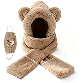 Hooded Scarf for Women Winter - Warm Hooded Scarf - 3 in 1Cute Bear Hat Scarfs Set Warm Hat