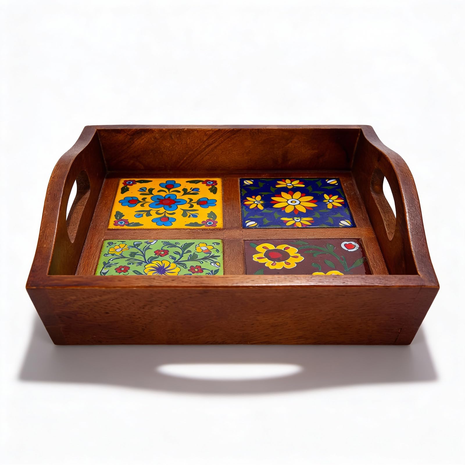 Craft Trade Mango Wood Serving Tray with Handle and 4 Fitted Floral Ceramic Tiles Wooden Platters Perfect for Breakfast Tea Coffee Snacks Dinner 23x23x8 cm