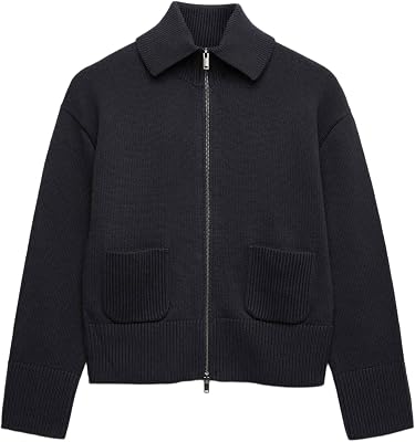 Chaqueta de Punto de algodón con Cuello y Detalle de Bolsillo Azul Medianoche L