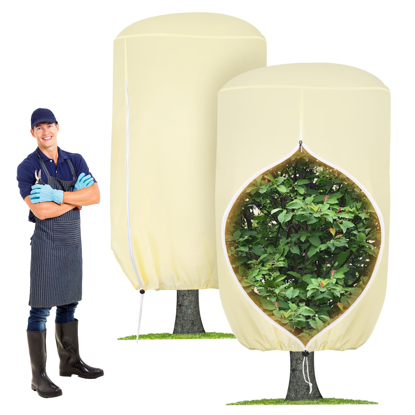 Photo 1 of 2 Pack Rounded Top Plant Covers Freeze Protection for Winter, Plant Covers for Winter, 47" X 72" Tree Frost Protection Blankets Outdoor With Zipper/Drawstring, for Shrub Bush Fruit Tree Potte(Beige)