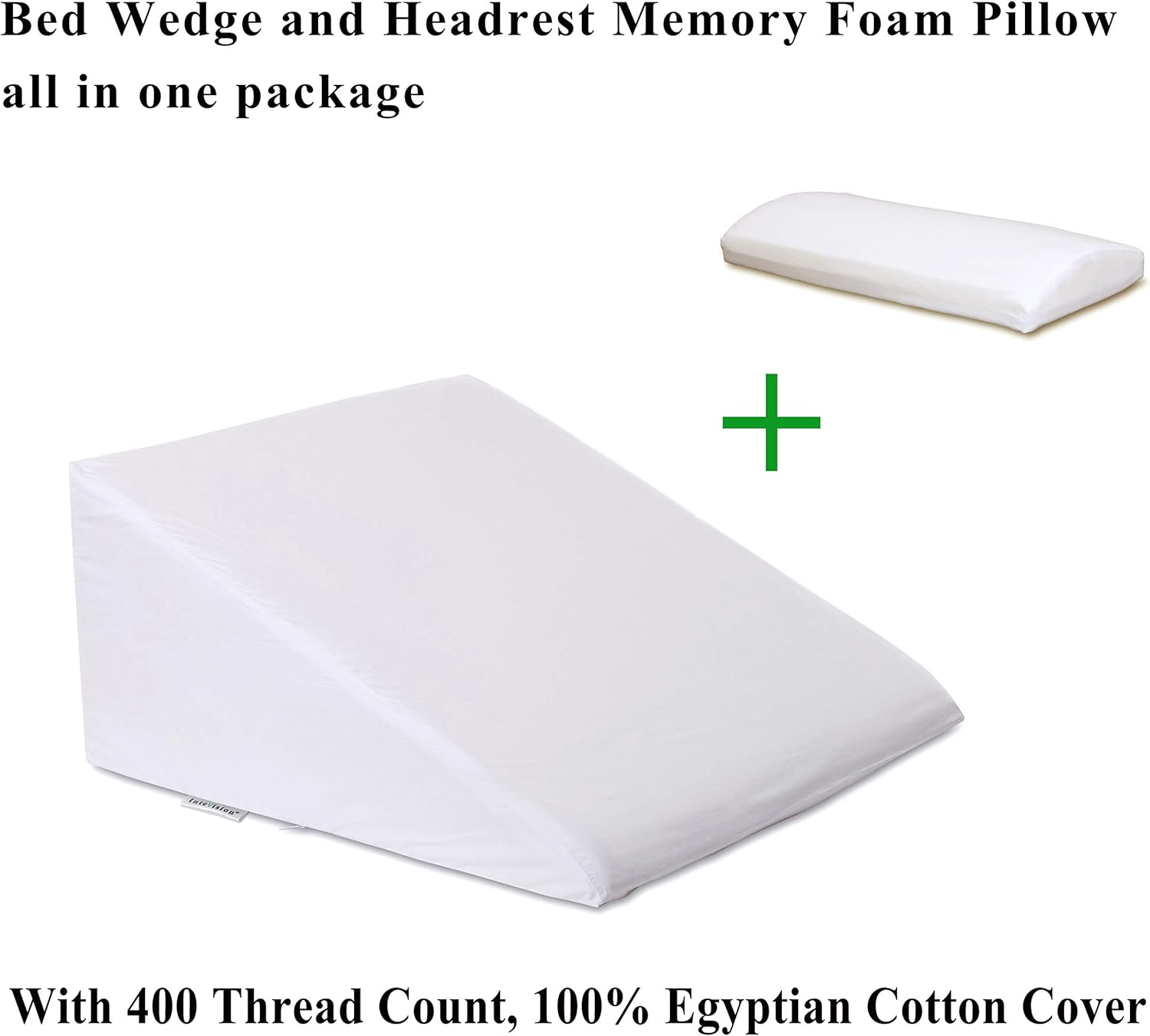InteVision Foam Bed Wedge Pillow (25" x 25" x 12") + Headrest Pillow in ONE Package - 2" Memory Foam Top - 100% Egyptian Cotton Cover - Helps Relief from Acid Reflux, Post Surgery, Snoring: Home & Kitchen