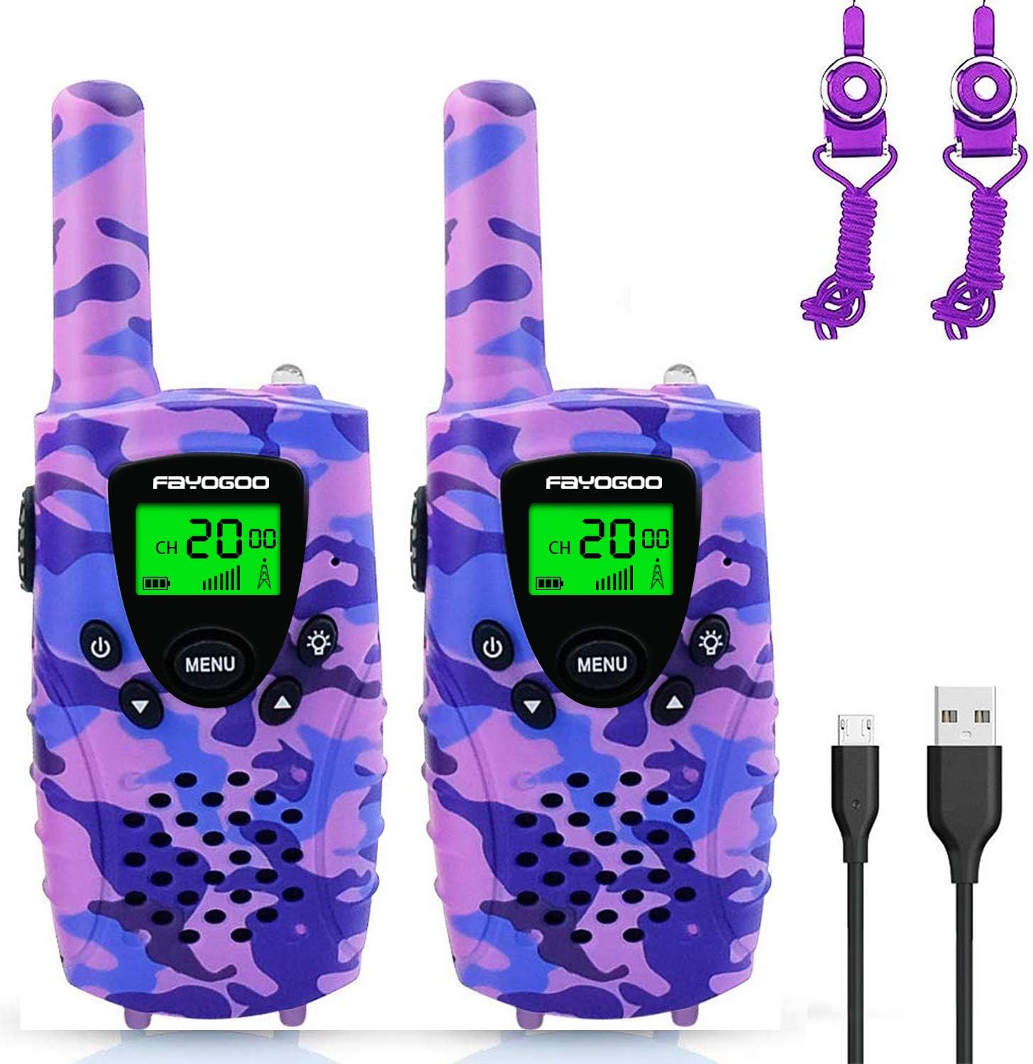 FAYOGOO Kids Walkie Talkies, 22-Channel FRS/GMRS Radio, 4-Mile Range Two Way Radios with Flashlight and LCD Screen, and Toys for 3-12 Year Old Girls, 2 Pack