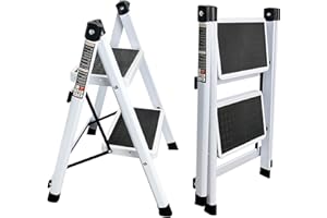 Krightlink 2 Step Ladder Folding Step Stool with Wide Anti-Slip Pedal, Portable & Foldable Folding Ladder Stool, Sturdy Steel Lightweight Ladder for Home Kitchen and Office - White